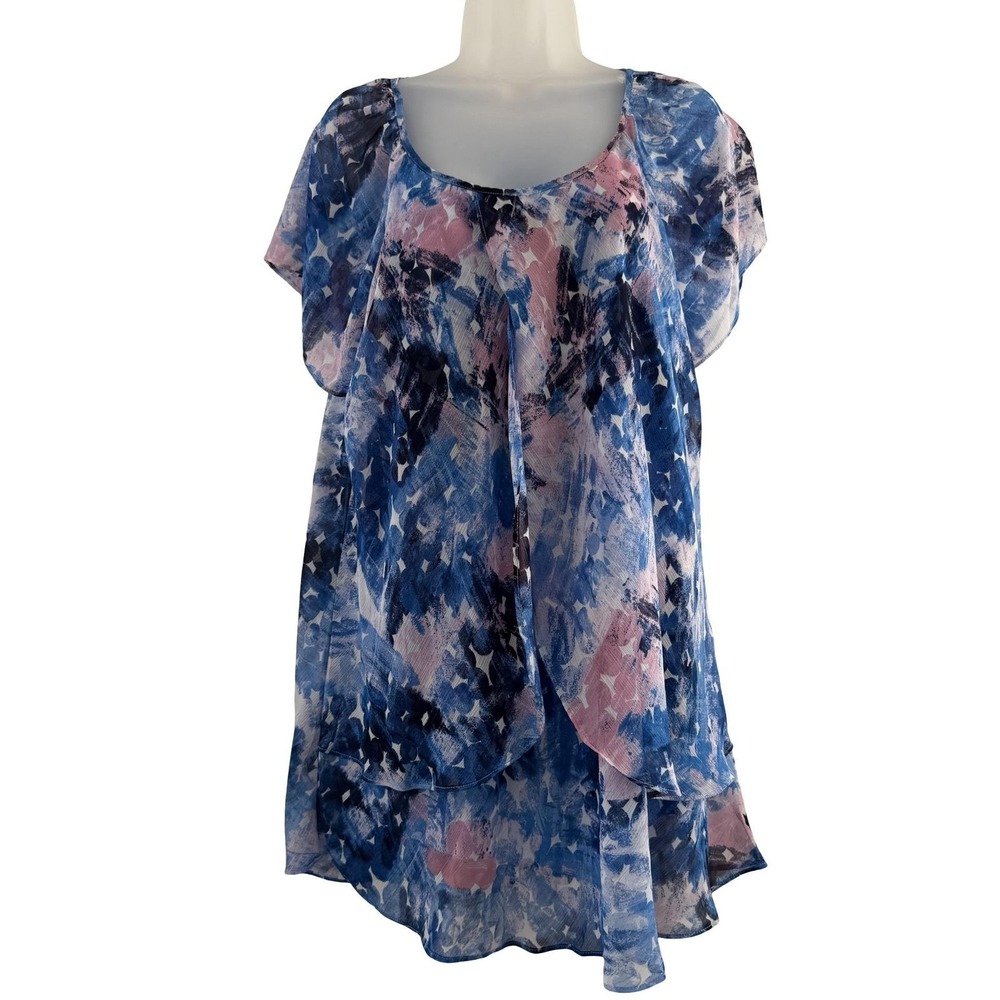 Blousology Dress Womens 2X‎ Blue Abstract Chiffon Layered Flutter Sleeve Swing